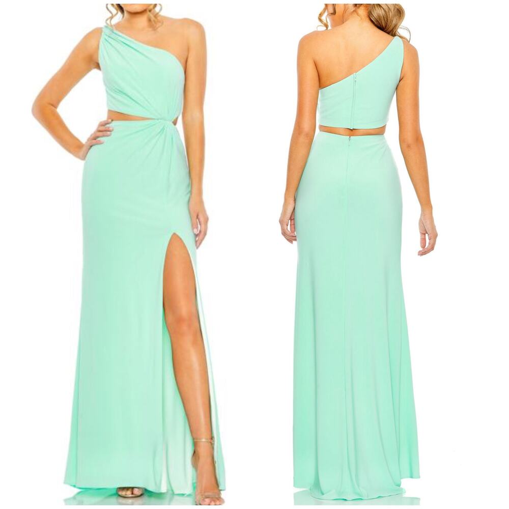 Mac Duggal NWT Mint Blue Knotted Waist Cutout Maxi Dress Size 2 One Shoulder